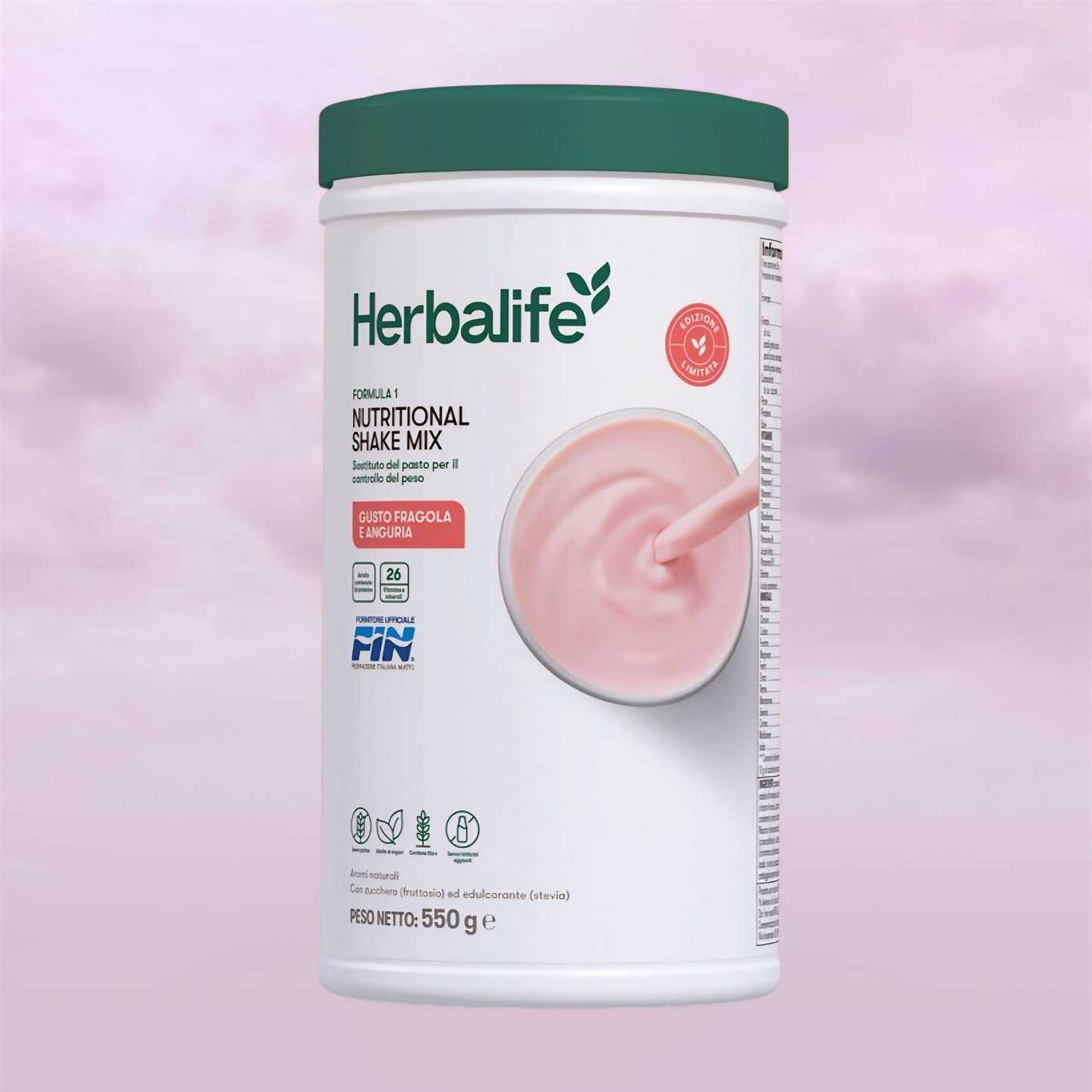 Herbalife Formula 1 nutritional shake mix in a canister with a scoop and ingredients on a white background.