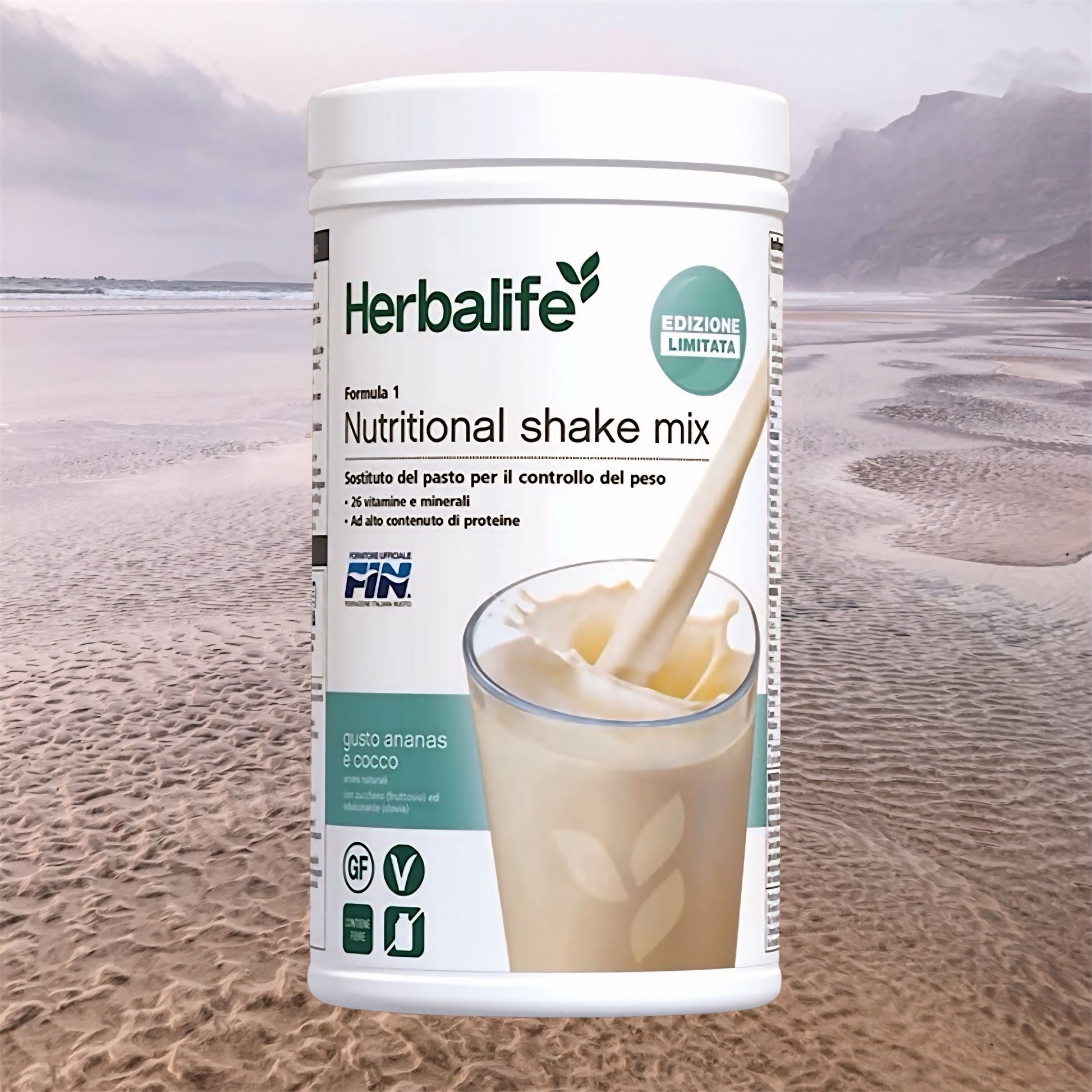 Herbalife Formula 1 meal replacement shake in a glass, with a creamy texture and chocolate flavor visible.