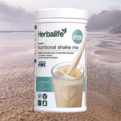 Herbalife Formula 1 meal replacement shake in a glass, with a creamy texture and chocolate flavor visible.