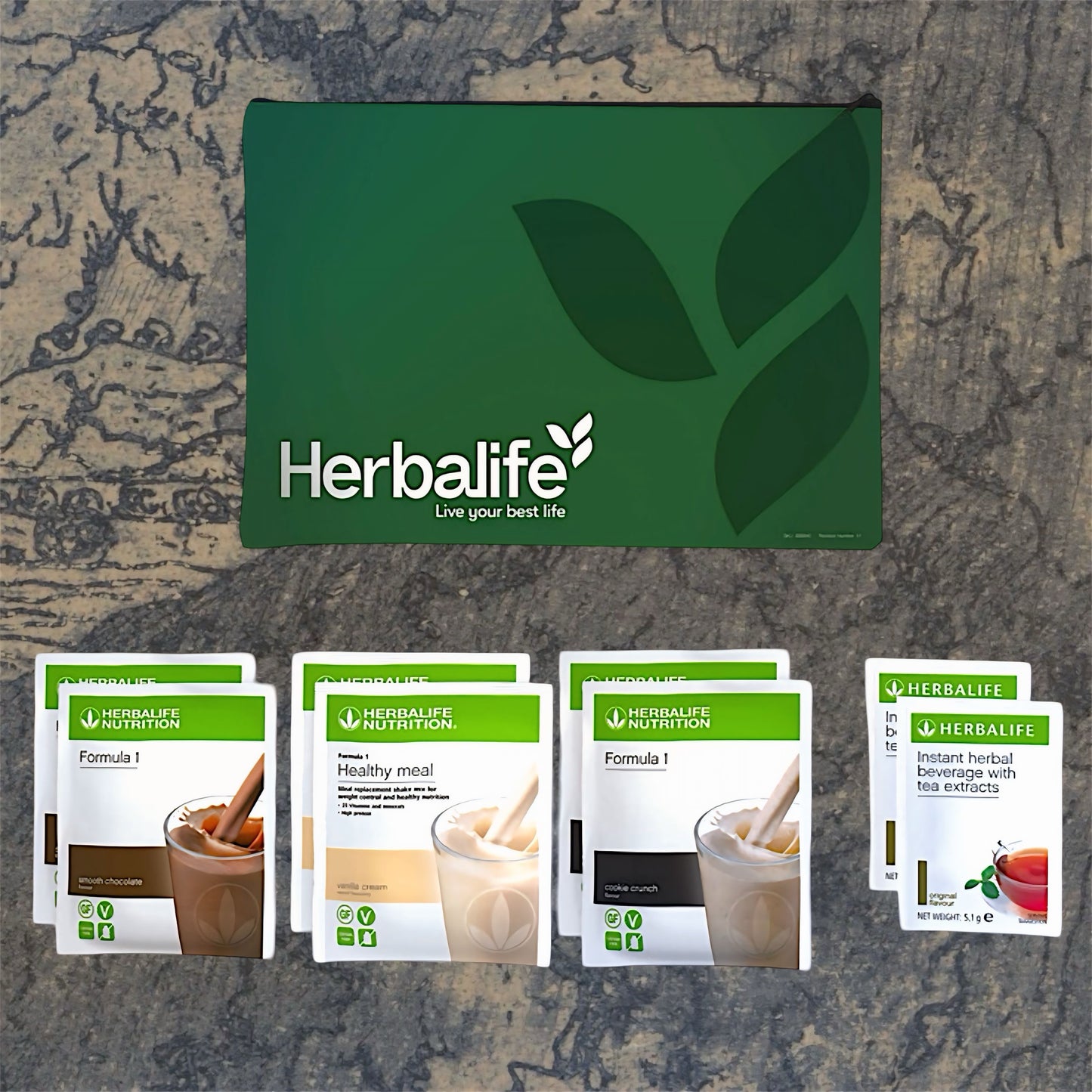 Herbalife Kit Prova Formula 1 plus Infuso, substitution meal set with shake mix and herbal infusion, in a colorful package.