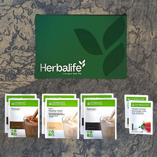 Herbalife Kit Prova Formula 1 plus Infuso, substitution meal set with shake mix and herbal infusion, in a colorful package.